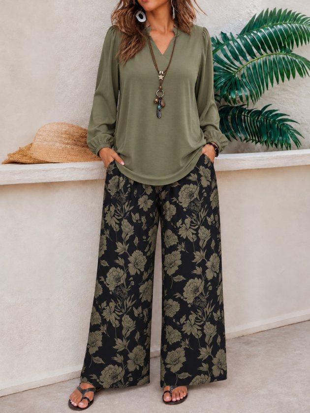 Bluză din viscoză cu mânecă lungă și decolteu în V pentru femei și pantaloni lungi Supreme cu imprimeu floral, 39152
