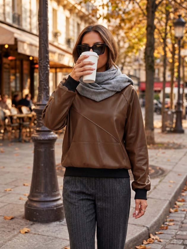 Women's Long-Sleeve Hooded Pocketed Brushed Leather Blouse, 39154