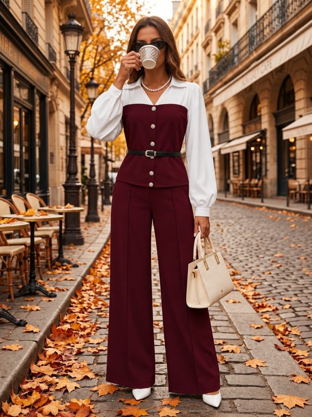 Set de două piese pentru femei, cu mânecă lungă, guler, nasturi în față, cămașă fără curea, bluză și pantaloni, 39189