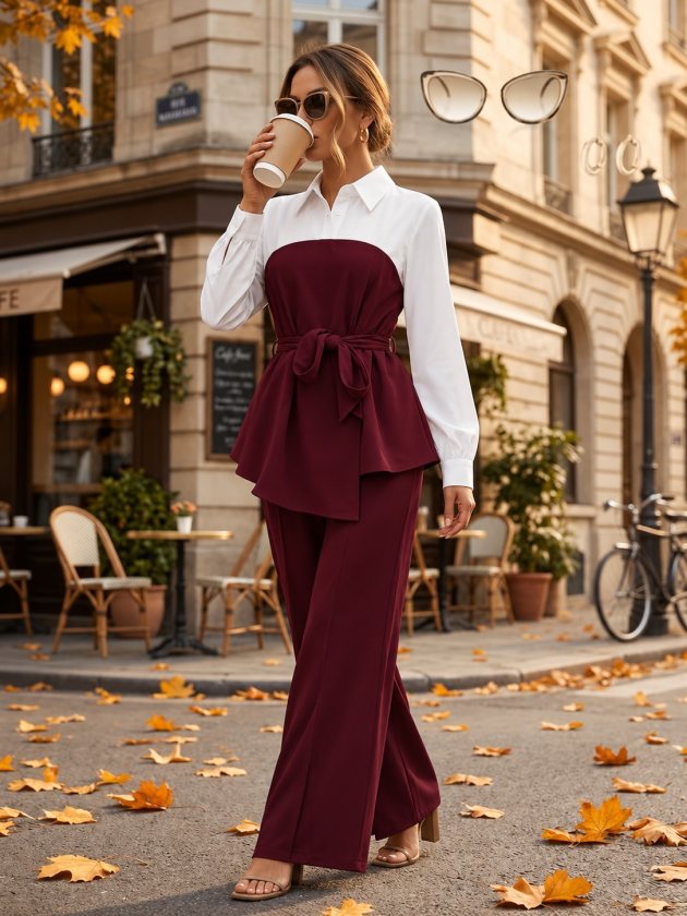 Top cu guler și mânecă lungă pentru femei, top tricotat cu detalii asimetrice și talie cu curea, bluză din crep importat și pantaloni cu crăpături, set din două piese, 39200