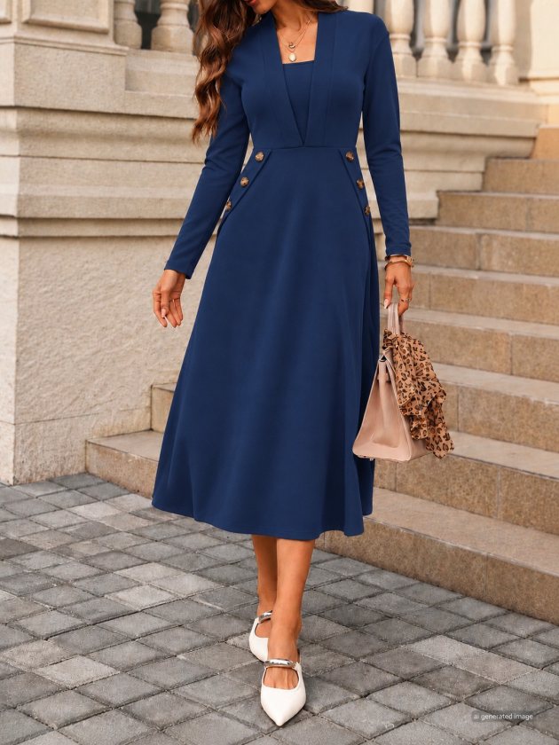 Women's Long Sleeve V-Neck Button Detail Midi Imported Crepe Dress, 39340