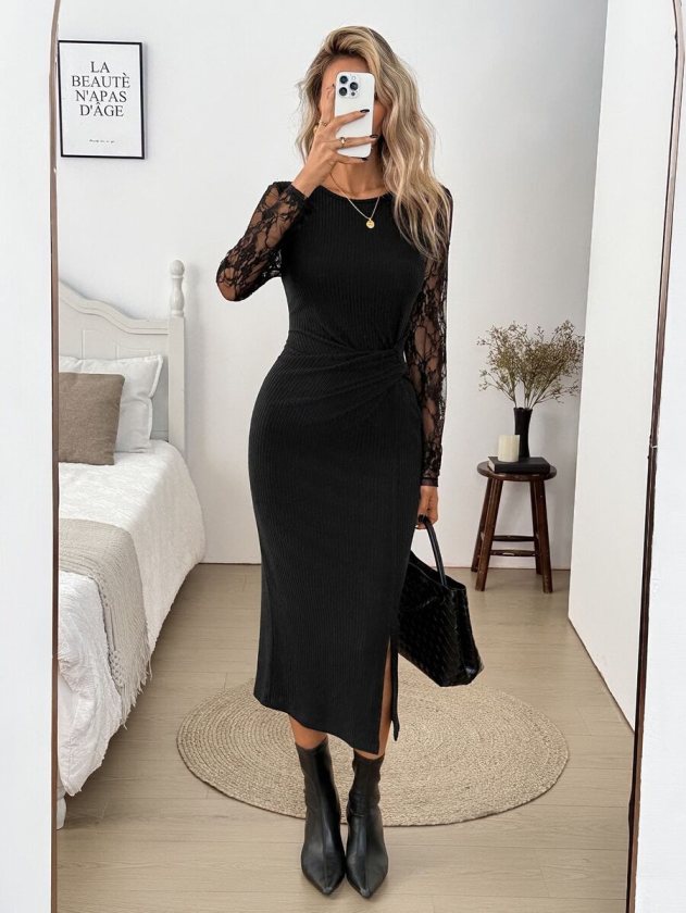 Rochie midi cu corset, mânecă lungă, decolteu rotund și detalii din fleece în față, 39369