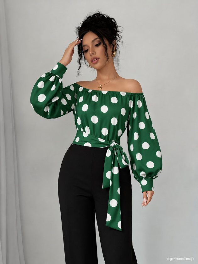 Bluză Supreme cu guler Madonna, manșetă tip balon, șireturi și pantaloni din crep importat pentru femei, 39404