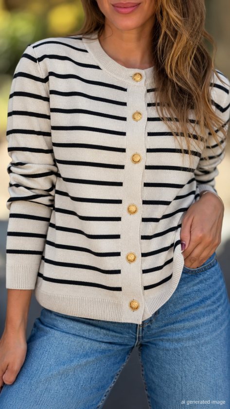 Women's Long-Sleeve Round Neck Striped Knit Blouse, 39406