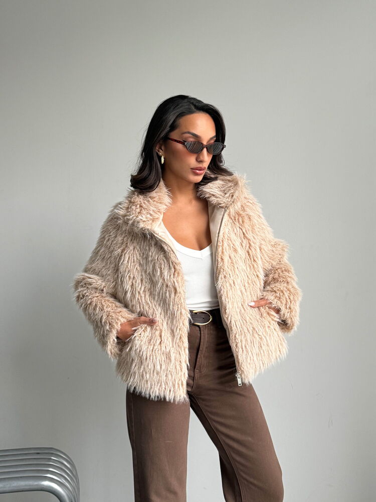 Topshow Faux Fur Women's Jacket - Zippered, Soft Textured Modern Winter Coat - Stone | F2037