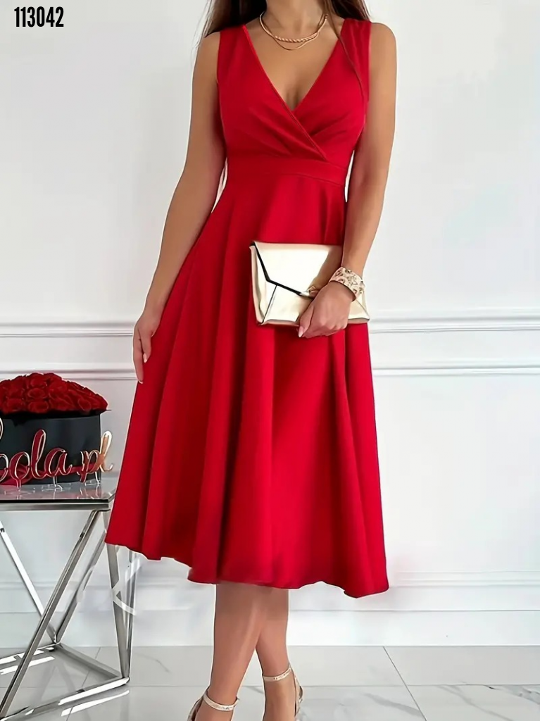 Rochie mini fără mâneci, cu guler încrucișat și fustă cloș, din crep importat pentru femei, 38228