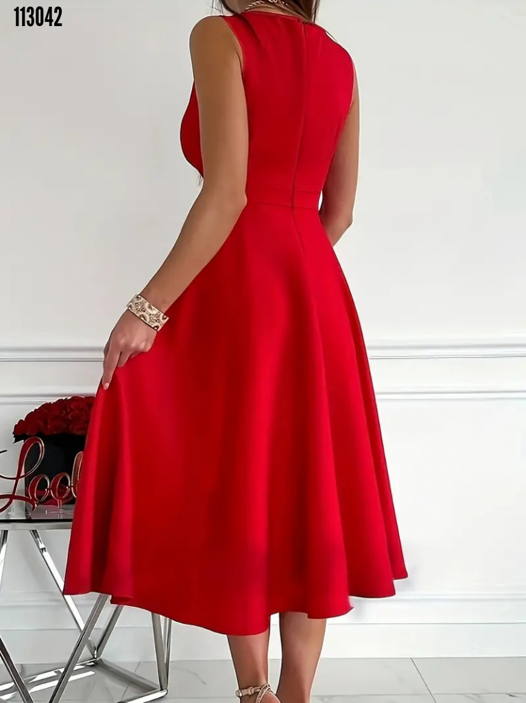 Rochie mini fără mâneci, cu guler încrucișat și fustă cloș, din crep importat pentru femei, 38228