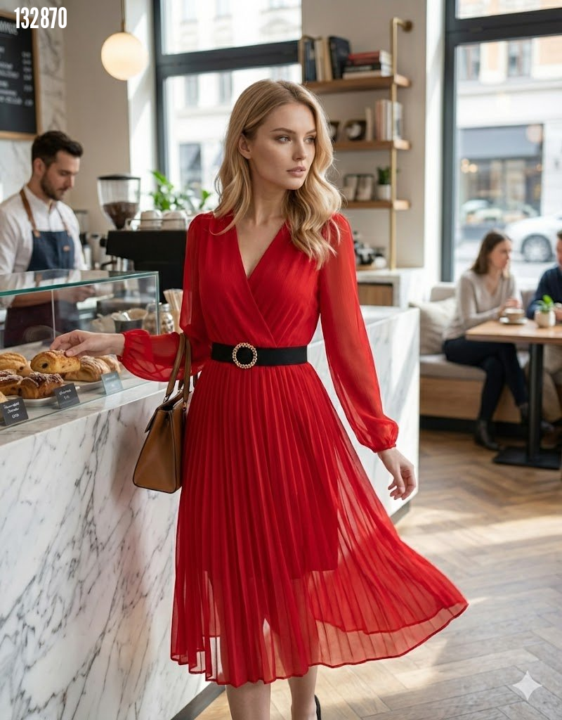 Rochie midi, croială clos, de damă, din șifon, cu guler în V petrecut și căptușeală, 38253