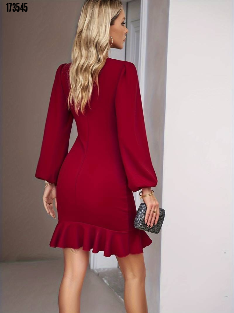 Rochie de damă lungă, mânecă lungă, guler la bază, cu volane în față, din crep import, 38311