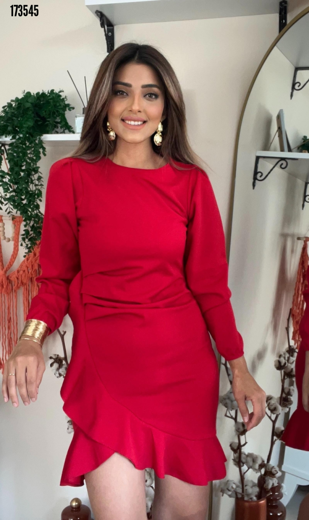 Rochie de damă lungă, mânecă lungă, guler la bază, cu volane în față, din crep import, 38311
