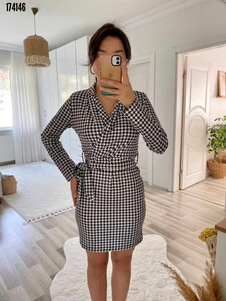 Rochie mini pentru femei, cu mânecă lungă, decolteu petrecut și curea, model 38313