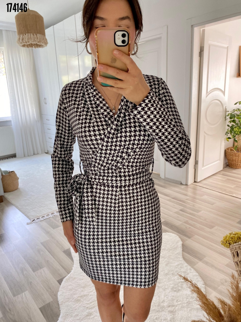 Rochie mini pentru femei, cu mânecă lungă, decolteu petrecut și curea, model 38313