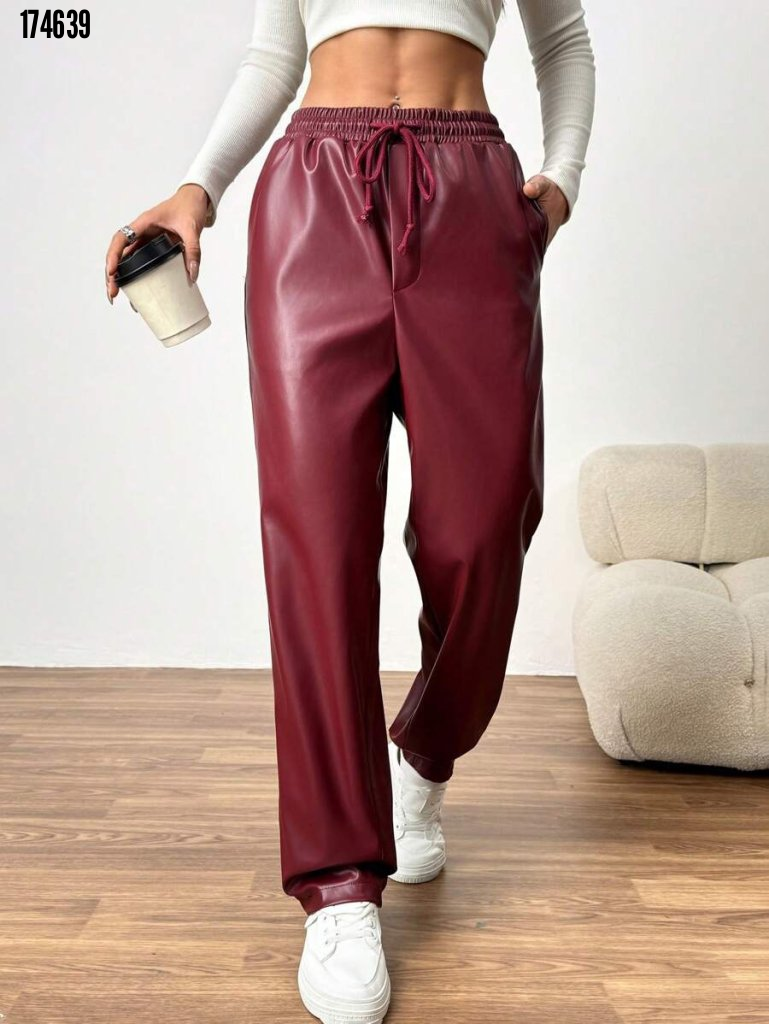 Pantaloni de damă din piele cu talie înaltă și șiret, 38317
