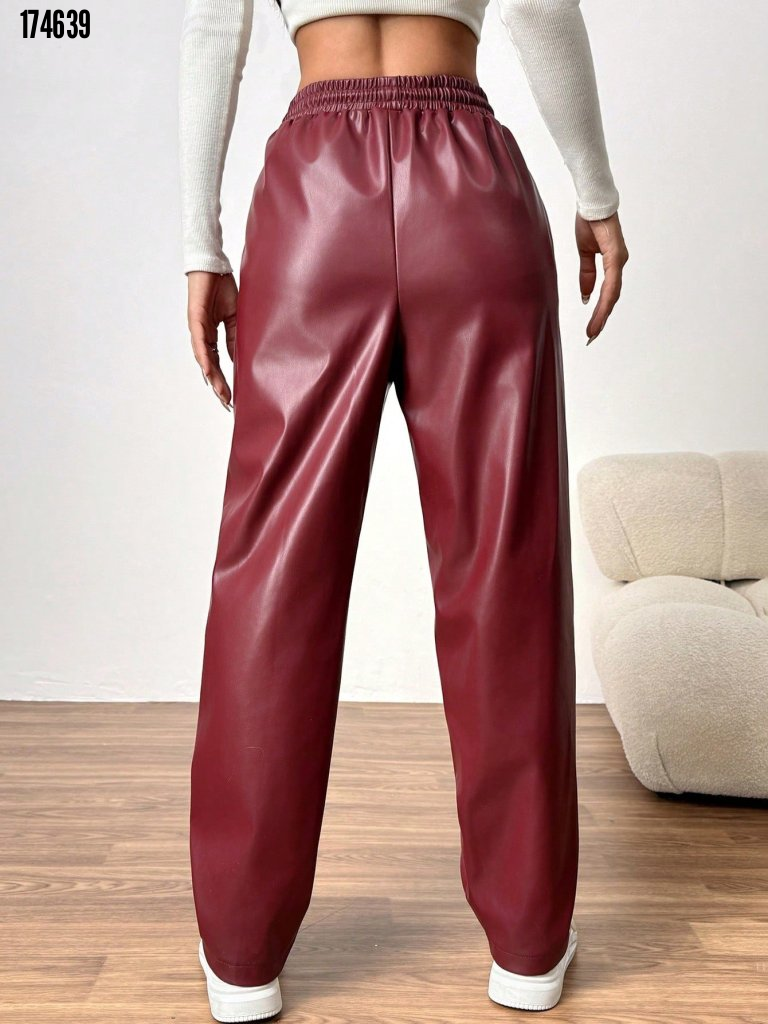 Pantaloni de damă din piele cu talie înaltă și șiret, 38317