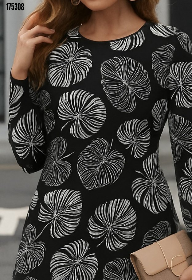 Rochie scurtă, creponată, de damă, cu mânecă lungă, guler rotund și imprimeu, 38322