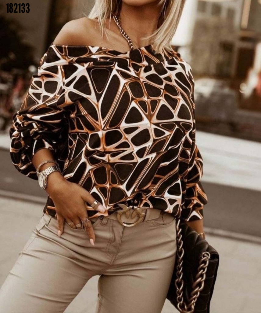 Bluz Dama, Maneca Lunga, Decolteu in V, Umeri Lăsați, cu Imprimeu Geometric, Tip Scafandru, Necăptușit, 38329