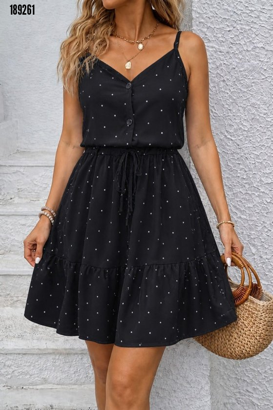Kadın Ip Askılı V Yakalı Düğmeli Desenli Kısa Süprem Elbise, 38391