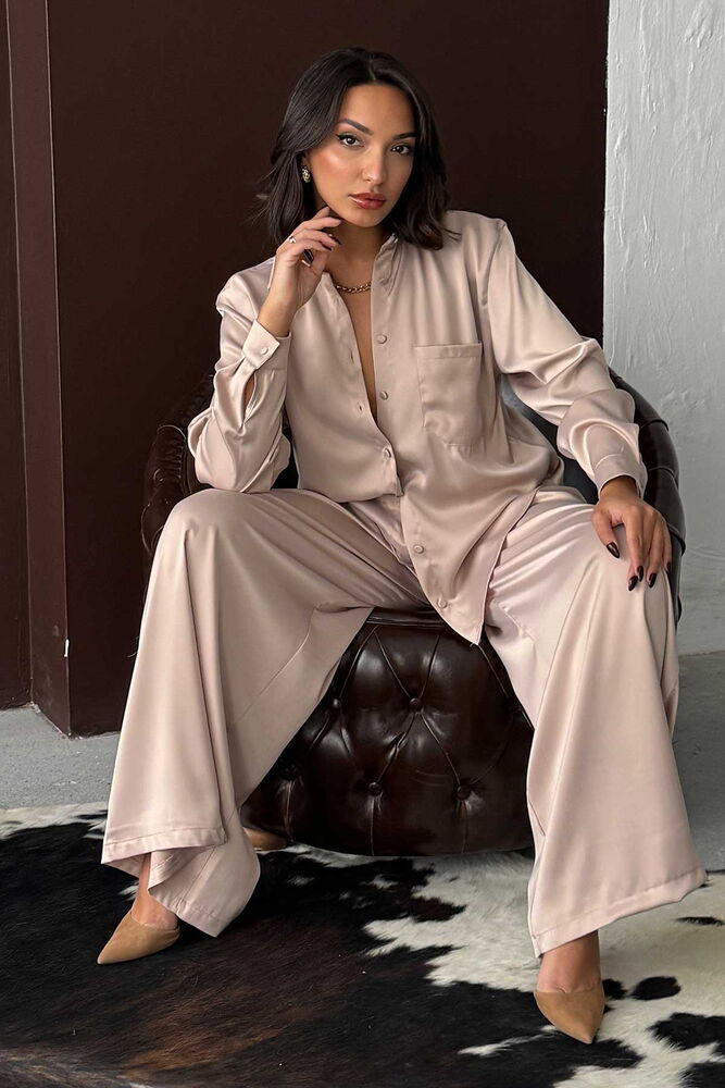 Pantaloni din satin cu talie înaltă și croială largă – Design elegant și confortabil - Gri închis | F2052