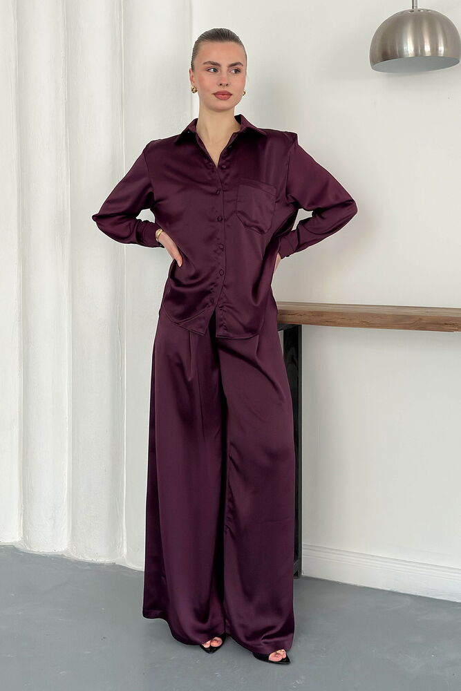 Pantaloni din satin cu talie înaltă și croială largă – Design elegant și confortabil - Prună | F2052