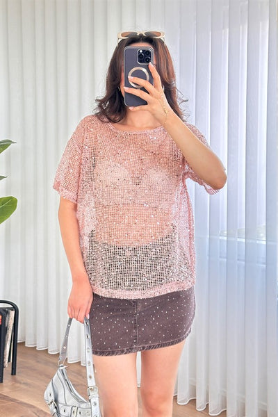 Bluza de Toptan Roz cu Paiete Stralucitoare
