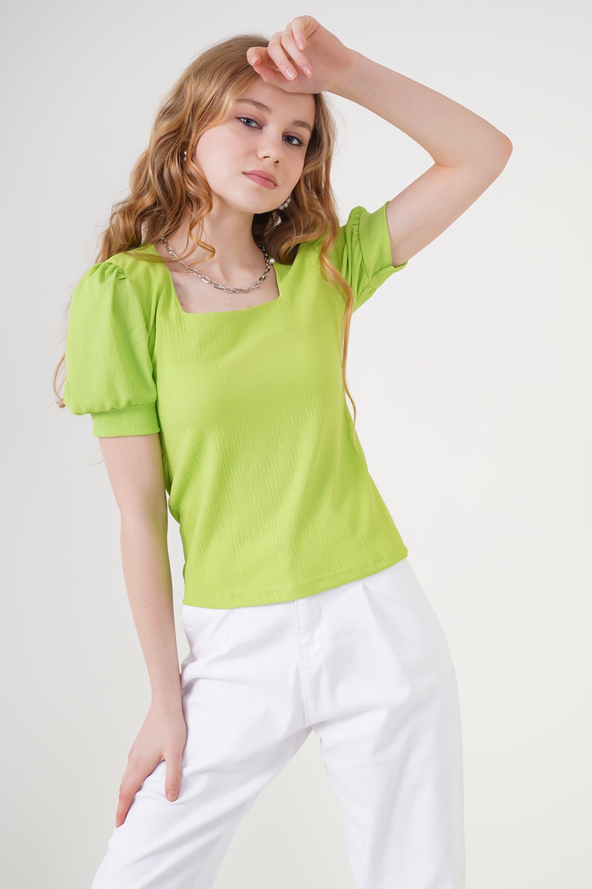 0409 Bluză cu Guler Pătrat Tricot - Verde Deschis