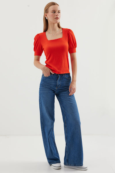 0409 Bluză Tricot cu Guler Pătrat - Oranj