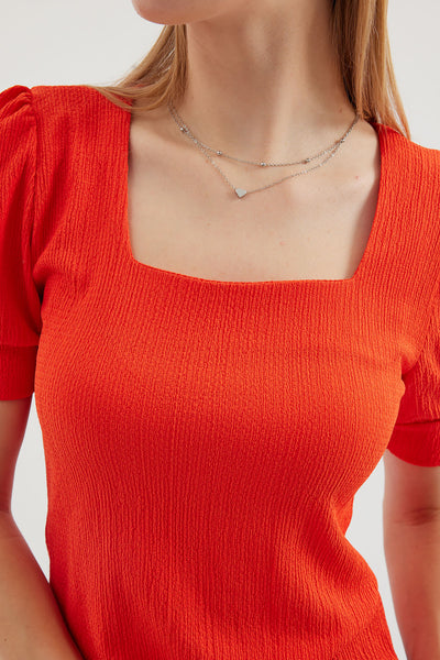 0409 Bluză Tricot cu Guler Pătrat - Oranj