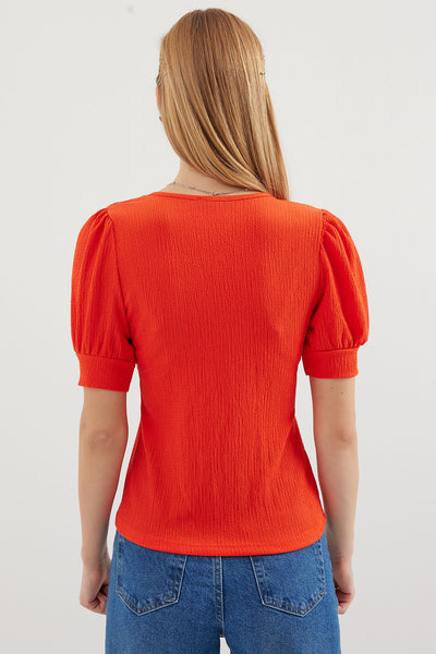 0409 Bluză Tricot cu Guler Pătrat - Oranj