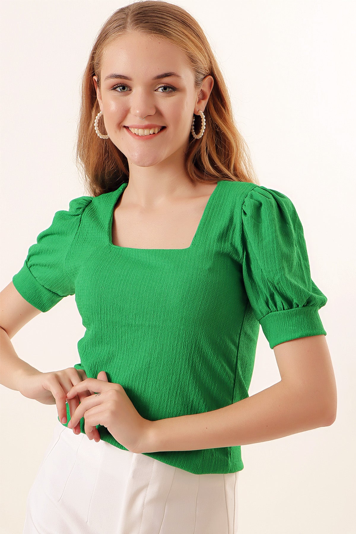 0409 Bluză cu Guler Pătrat Tricot - Verde