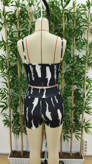 Set de două piese pentru femei, colanți mini crop cu detalii încrețite și bretele, 25682