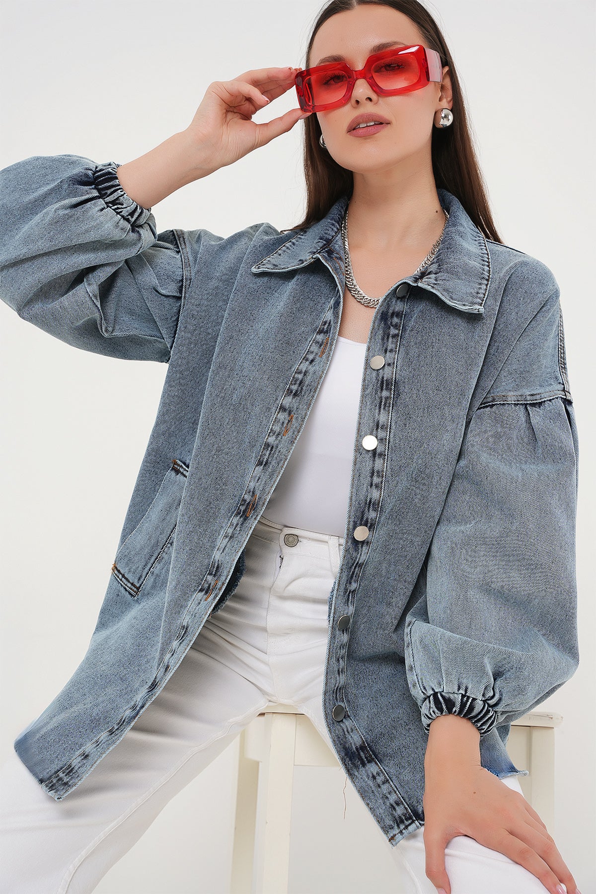 0662 Denim Balon Kollu Kot Ceket - Mavi