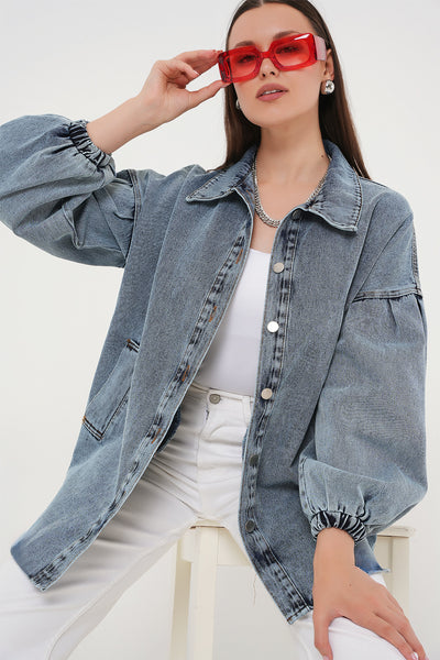 0662 Denim Balon Kollu Kot Ceket - Mavi