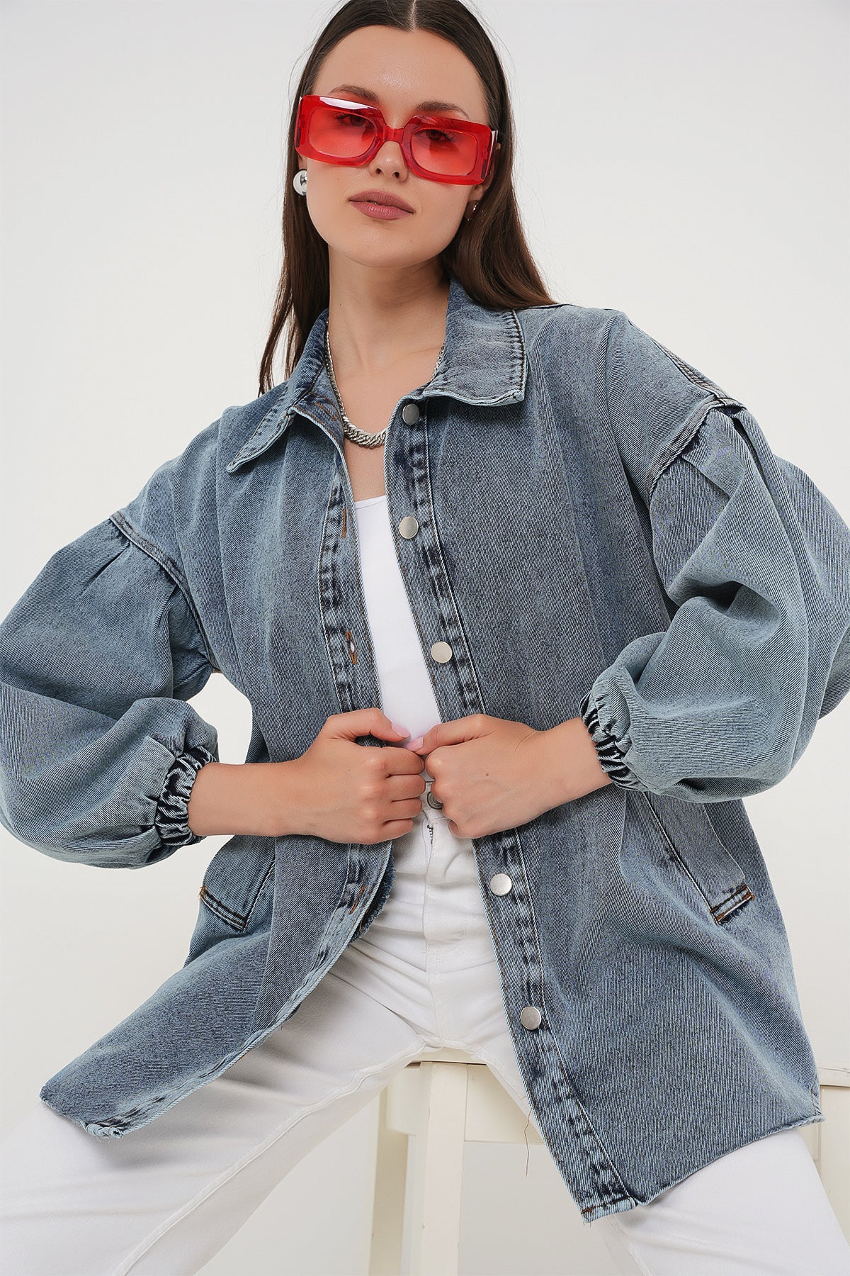 0662 Denim Balon Kollu Kot Ceket - Mavi