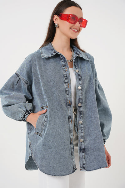 0662 Denim Balon Kollu Kot Ceket - Mavi