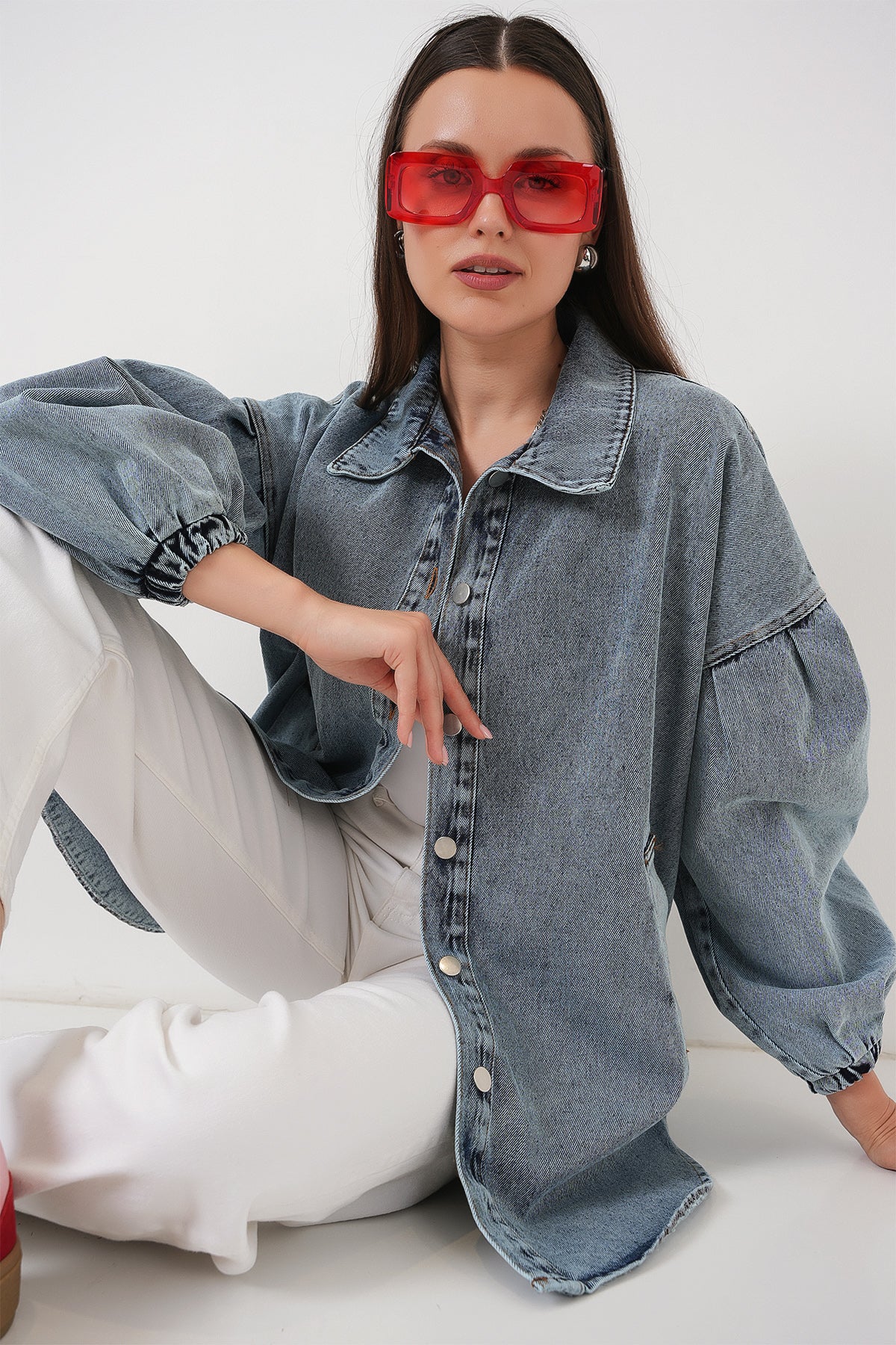 0662 Denim Balon Kollu Kot Ceket - Mavi