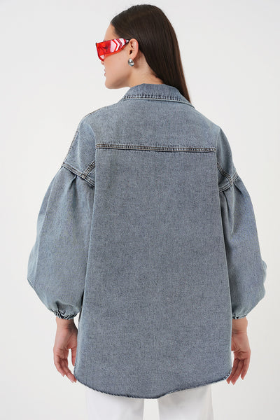 0662 Denim Balon Kollu Kot Ceket - Mavi