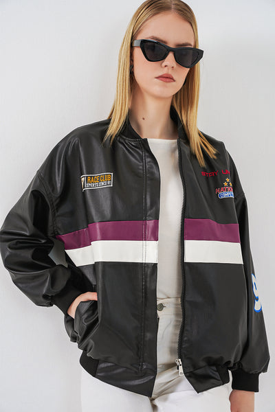 0698 Jachetă Bomber din Piele Sintetică Tipărită - Burgundia