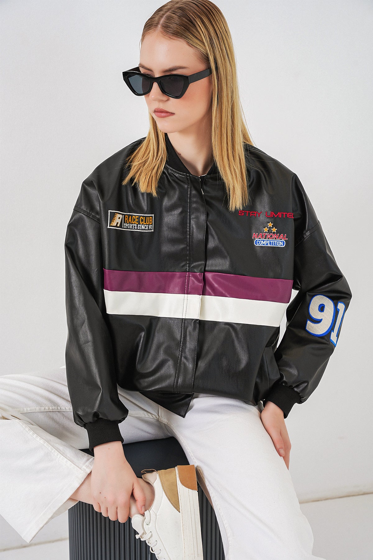 0698 Jachetă Bomber din Piele Sintetică Tipărită - Burgundia