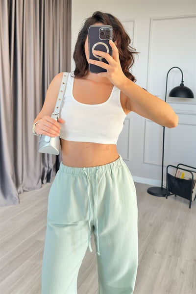 Pantaloni de Gros din In Menta cu Legătură la Talie