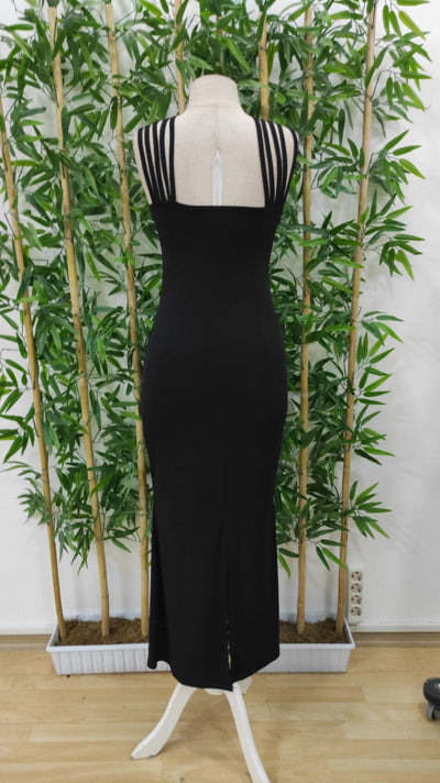Rochie lungă maxi, din crep Janjan, tip sirenă, cu broderie din pietre în față și multiple bretele pe umeri, pentru femei, 36655