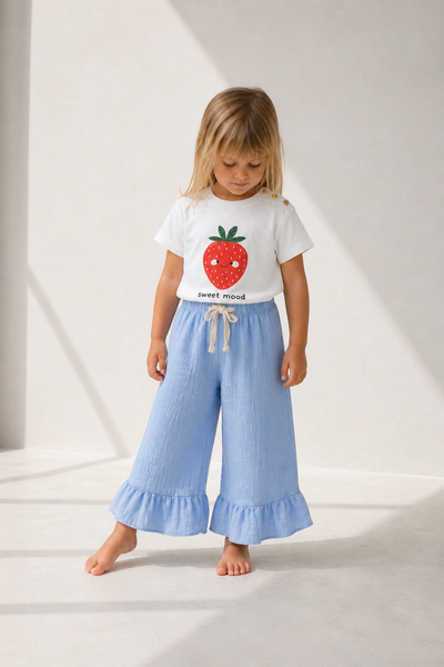 Kız Bebek Fırfırlı Paça Pantolon | 6 Ay–4 Yaş | Müslin & Pötikare | Bej & Mavi | RG379 - BEJ