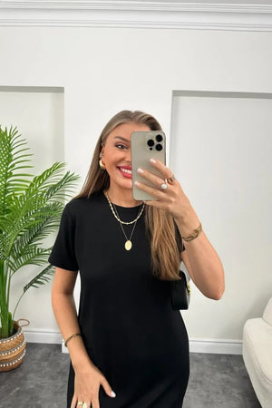 Rochie de damă din viscoză, cu mânecă scurtă, croială lejeră și detaliu cu crăpături, 32713