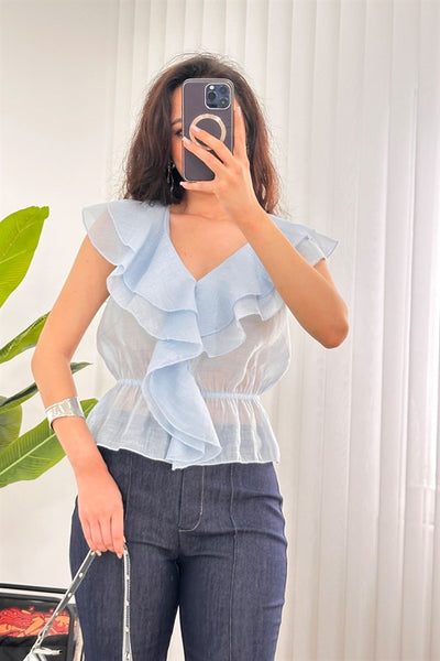 Bluza de Toptan Albastru Bebe cu Talie Elastic și Franje