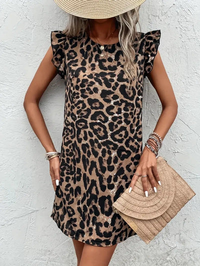 Rochie mini leopard, fără mâneci, cu mâneci scurte tip volănaș și spate decupat, 34291