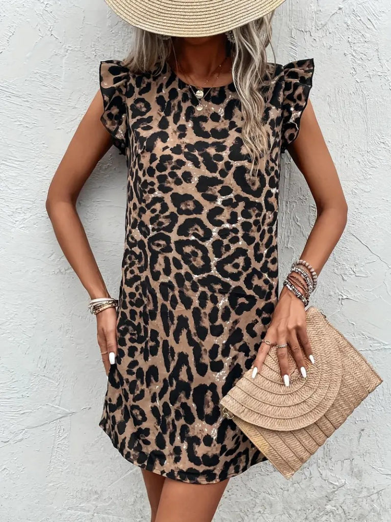 Rochie mini leopard, fără mâneci, cu mâneci scurte tip volănaș și spate decupat, 34291