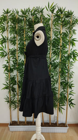 Rochie midi pentru femei, cu mânecă scurtă, guler cămașă, nasturi și curea, din material țesut în straturi, 17152