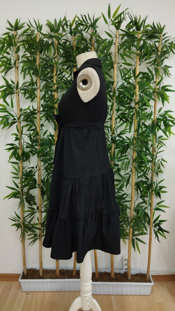 Rochie midi pentru femei, cu mânecă scurtă, guler cămașă, nasturi și curea, din material țesut în straturi, 17152