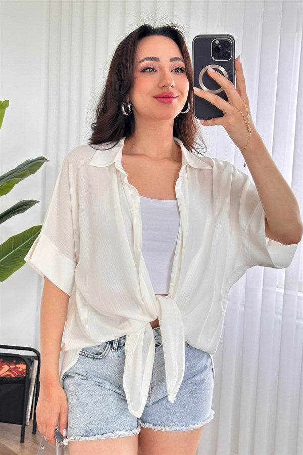 Bluza Kimono de Toptan Ecru Basic cu Mânecă Scurtă