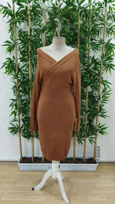 Women's Long Sleeve Off Shoulder Wrap Neck Short Knit Dress, 31740