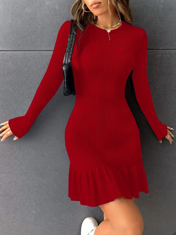 Rochie mini tricotată (polienită), cu guler rotund și mânecă lungă, tiv cu volane, 31923